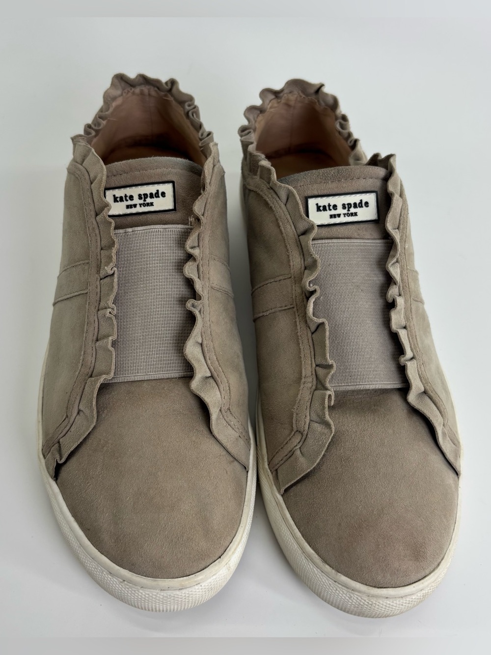 Kate Spade Lance ruffled suede sneakers 8.5 taupe gray